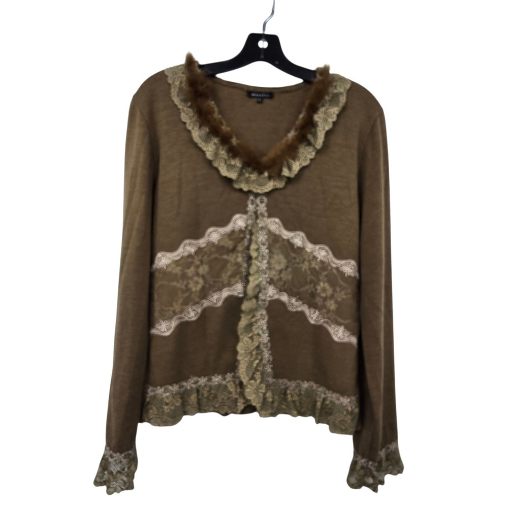 Vintage 90s Y2K Lace Fur Trimmed Baby Doll Sweater Womens L Brown Whimsigoth